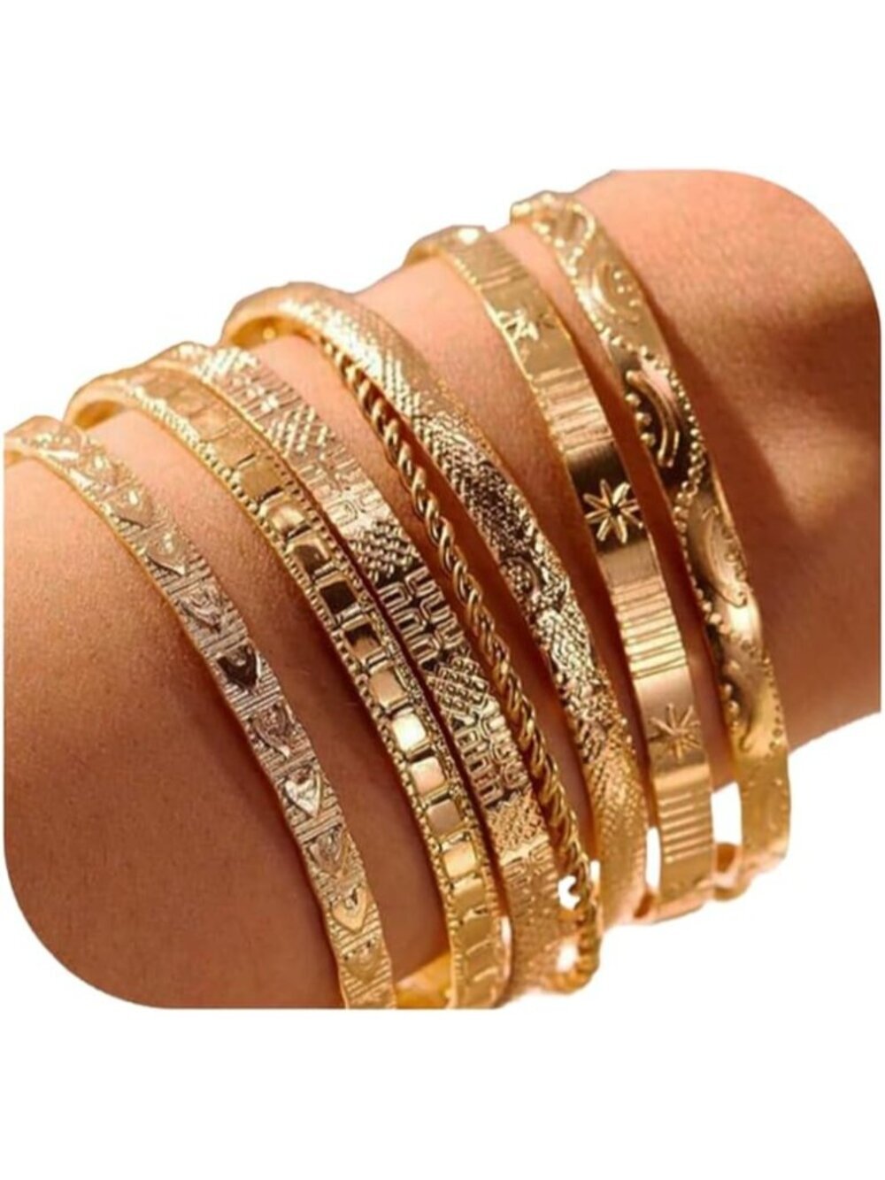Women's Bangles Set, Multi Layer Textured 14k Gold Plated Chunky Gilded Bracelet